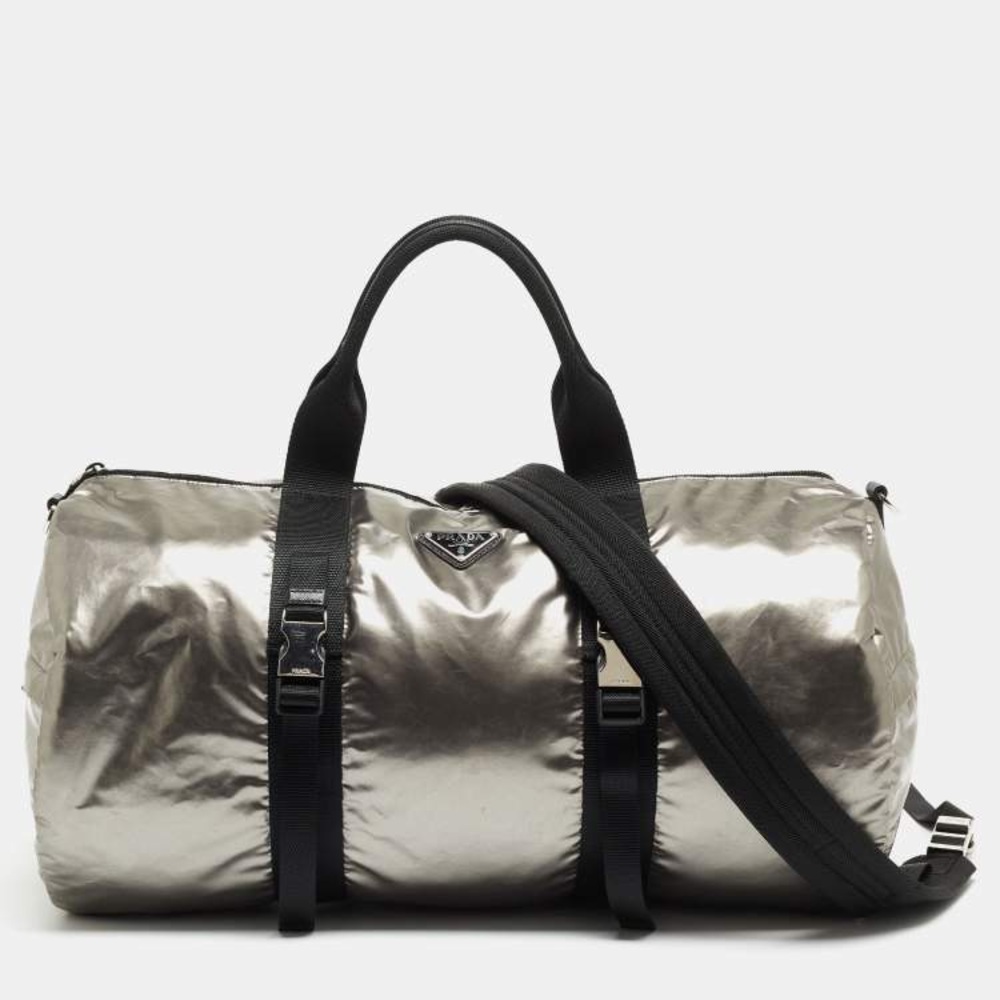 Prada Metallic Silver and Black Duffel Bag